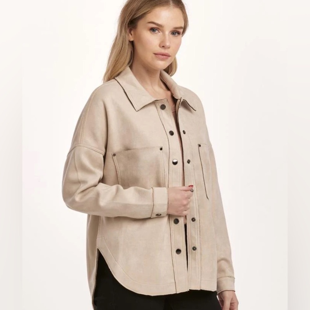Dear John Faux Suede Gina Shirt Jacket Size XL Oat Milk Beige Snap Up NWT